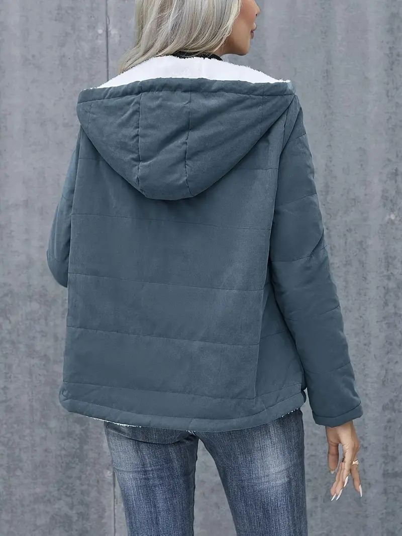 Fleece-lined Hooded Coat Winter Preppy Style Long Sleeve Jacket Warm Pockets Cotton Coat Women&