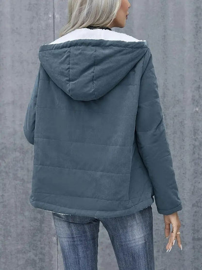 Fleece-lined Hooded Coat Winter Preppy Style Long Sleeve Jacket Warm Pockets Cotton Coat Women&