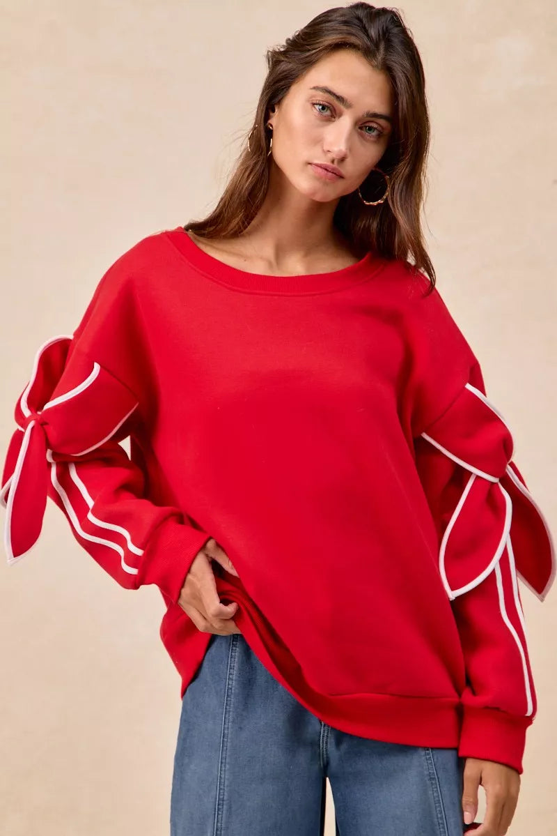 Bow Detail Sleeves Fleece Sweatshirt