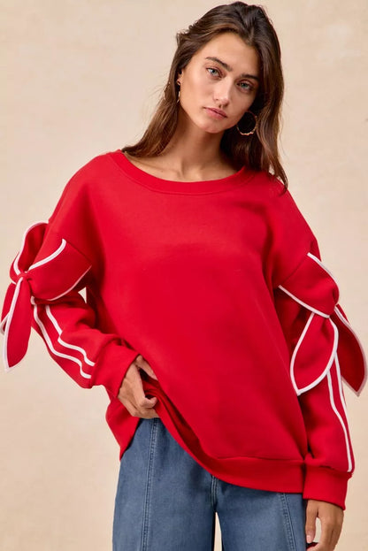 Bow Detail Sleeves Fleece Sweatshirt