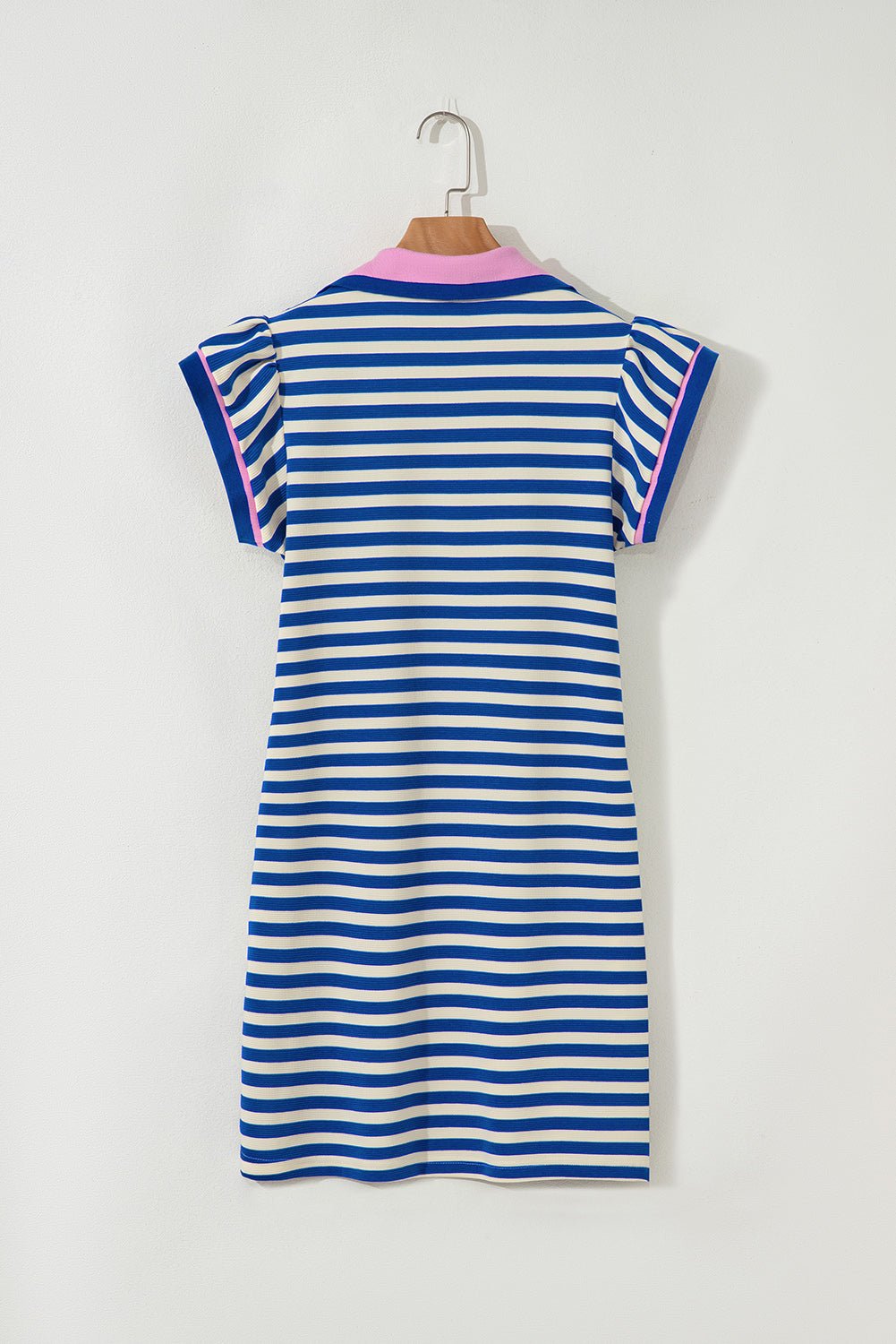 Dark Blue Stripe Print Contrast Collar Split Neck Flutter Sleeve Short Dress - Loving It Shop