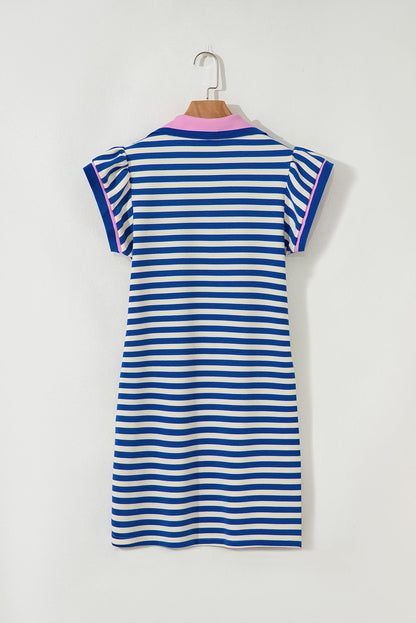 Dark Blue Stripe Print Contrast Collar Split Neck Flutter Sleeve Short Dress - Loving It Shop