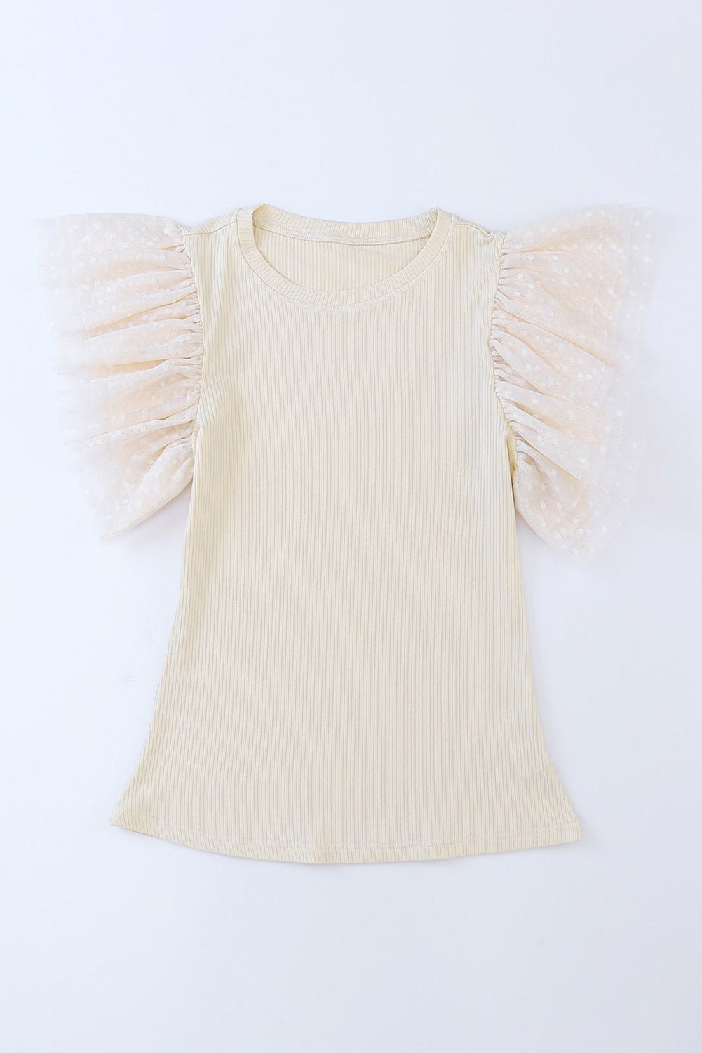 Apricot Dotty Mesh Ruffle Sleeve Ribbed Knit Top - Loving It Shop