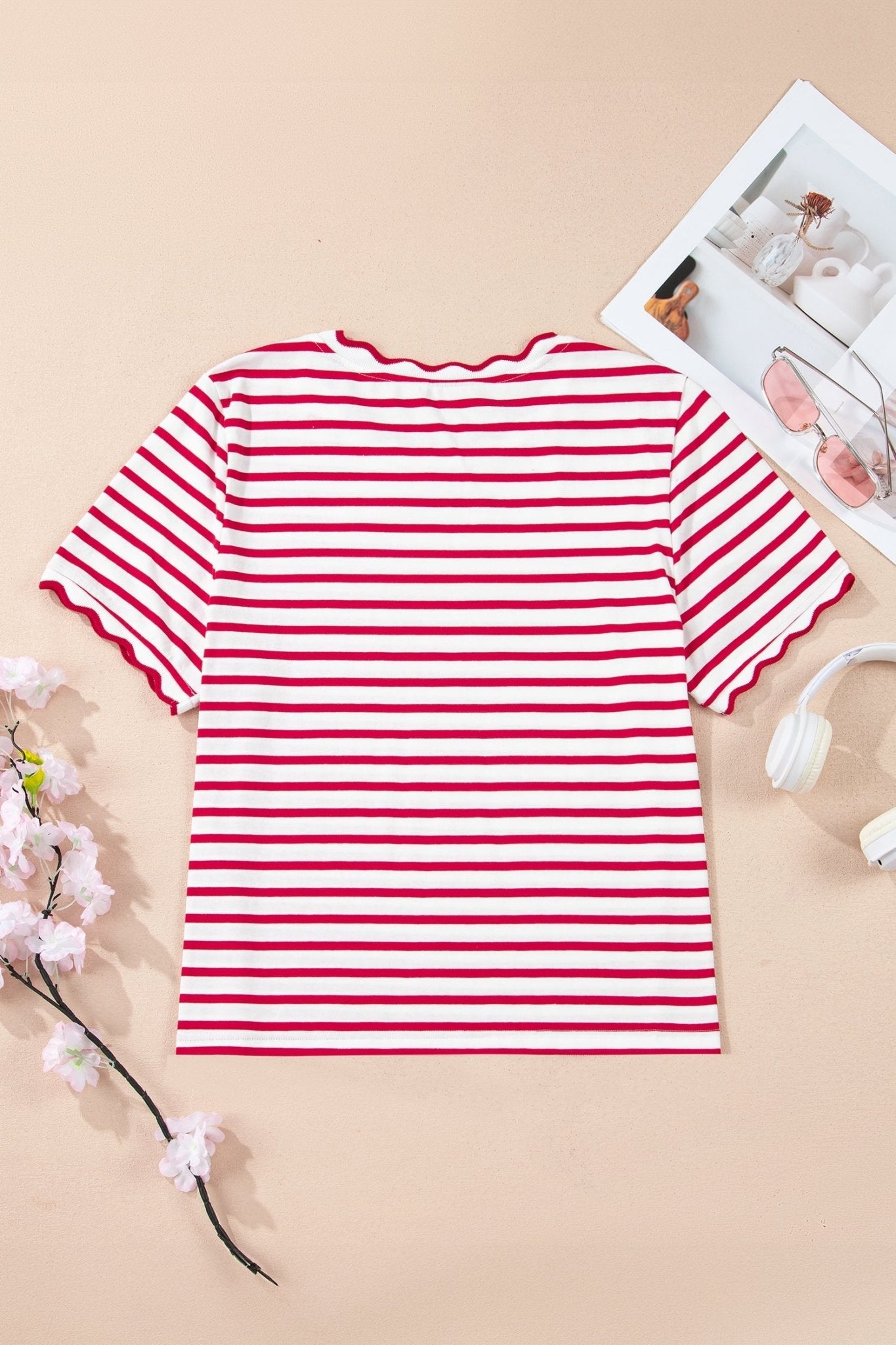 Red Stripe Scalloped Trim Round Neck T Shirt - Loving It Shop