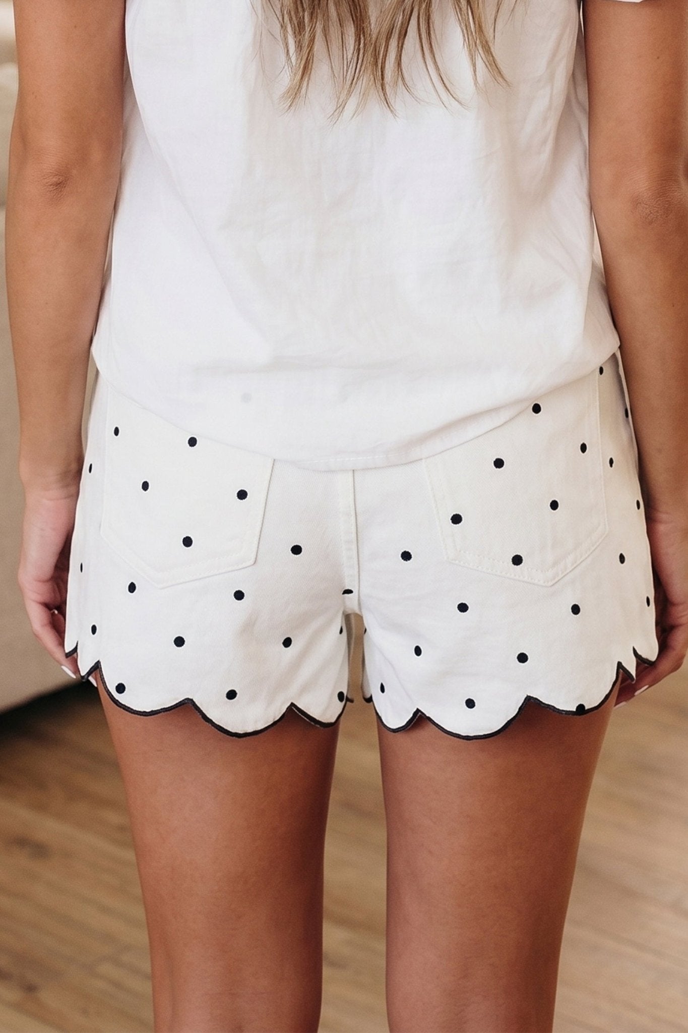 White Polka Dot Print Embroidered Scallop Hem Shorts - Loving It Shop