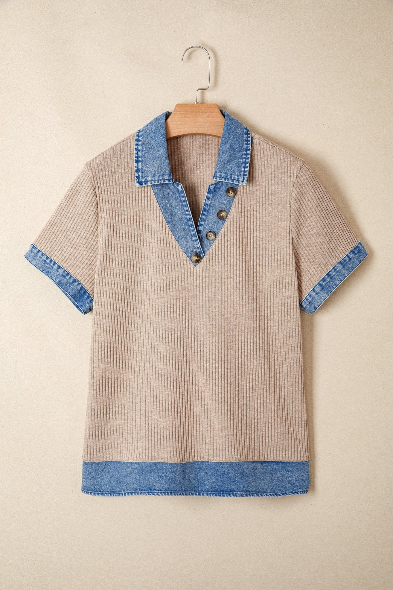 Beige Ribbed Knit Denim Color Block Patchwork Button Detail Collared Blouse - Loving It Shop