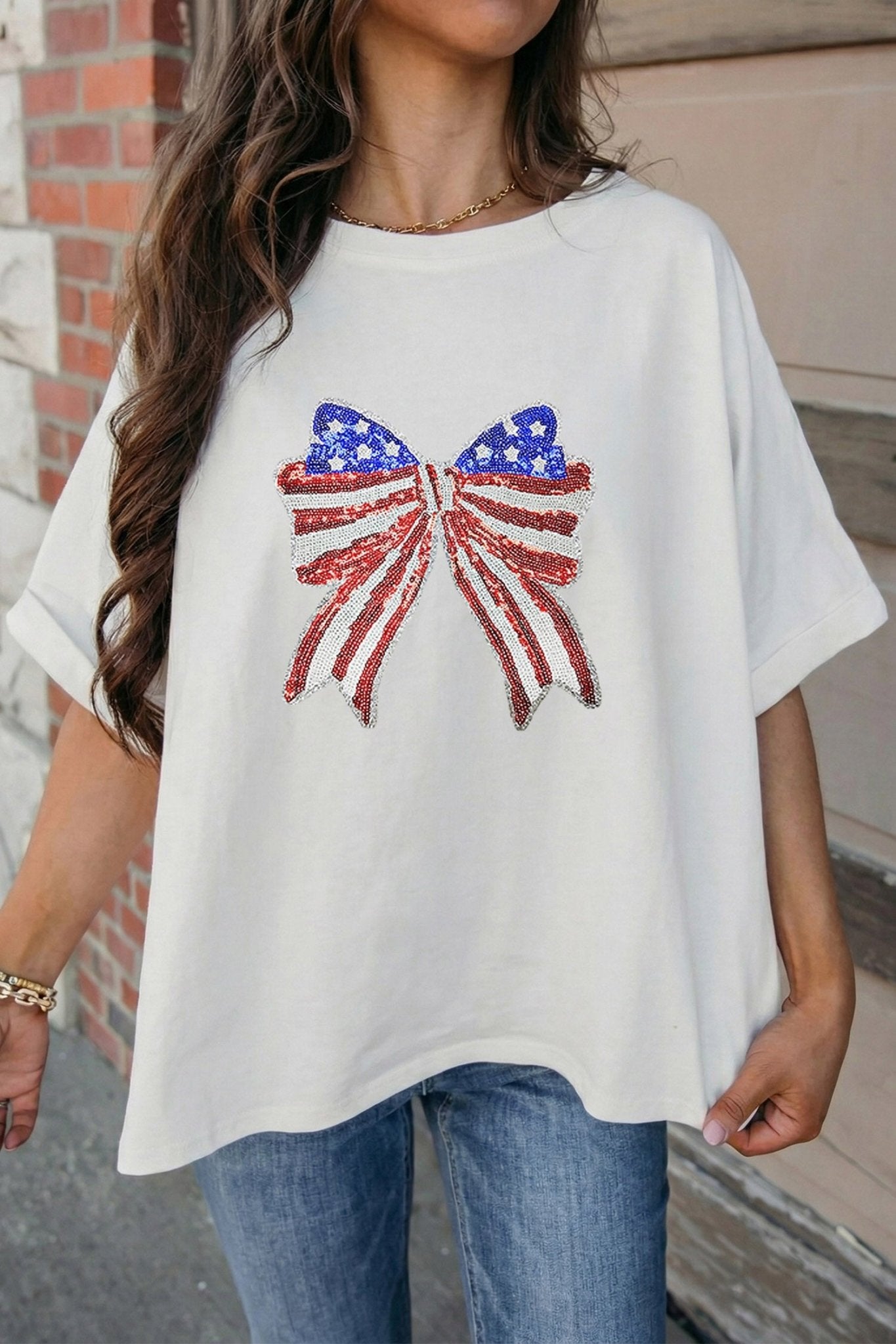 White Patriotic Sequin Bow Graphic Oversized Tee - Loving It Shop