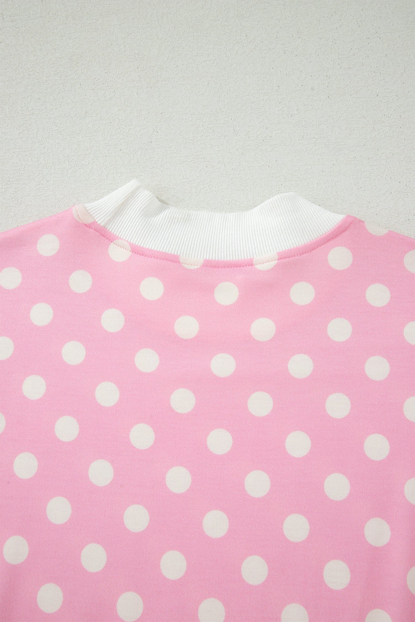 Pink Polka Dot Print Color Block Trim Mock Neck Short Set