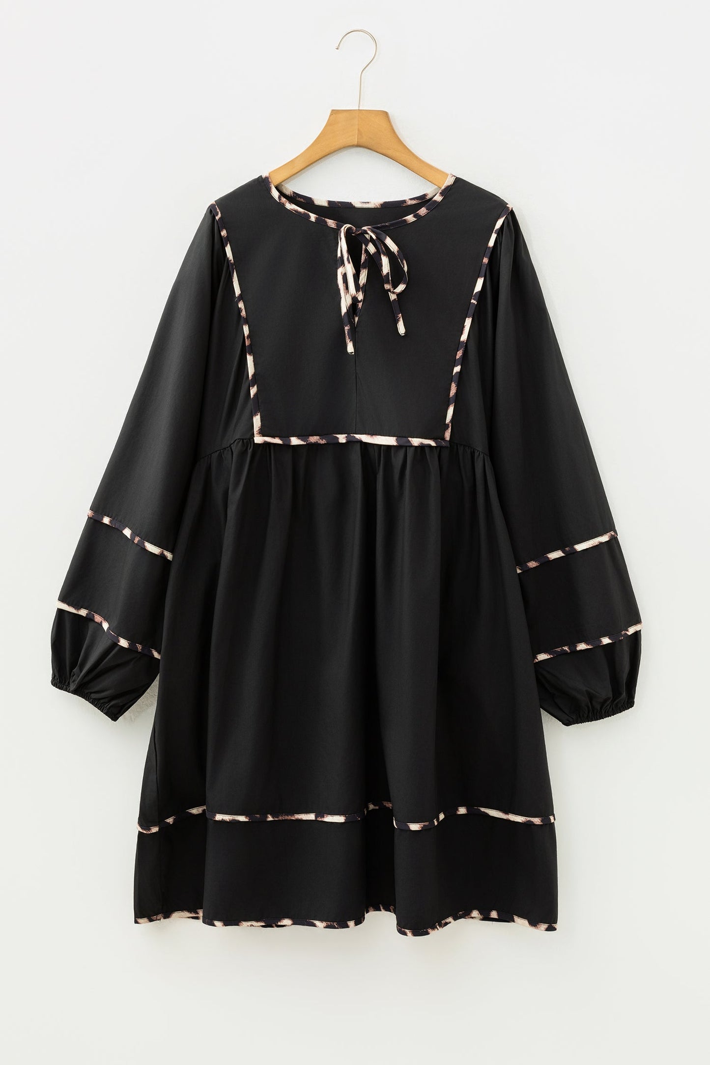Black Plus Size Long Sleeve Leopard Contrasted Trim Tie Neck Flared Mini Dress