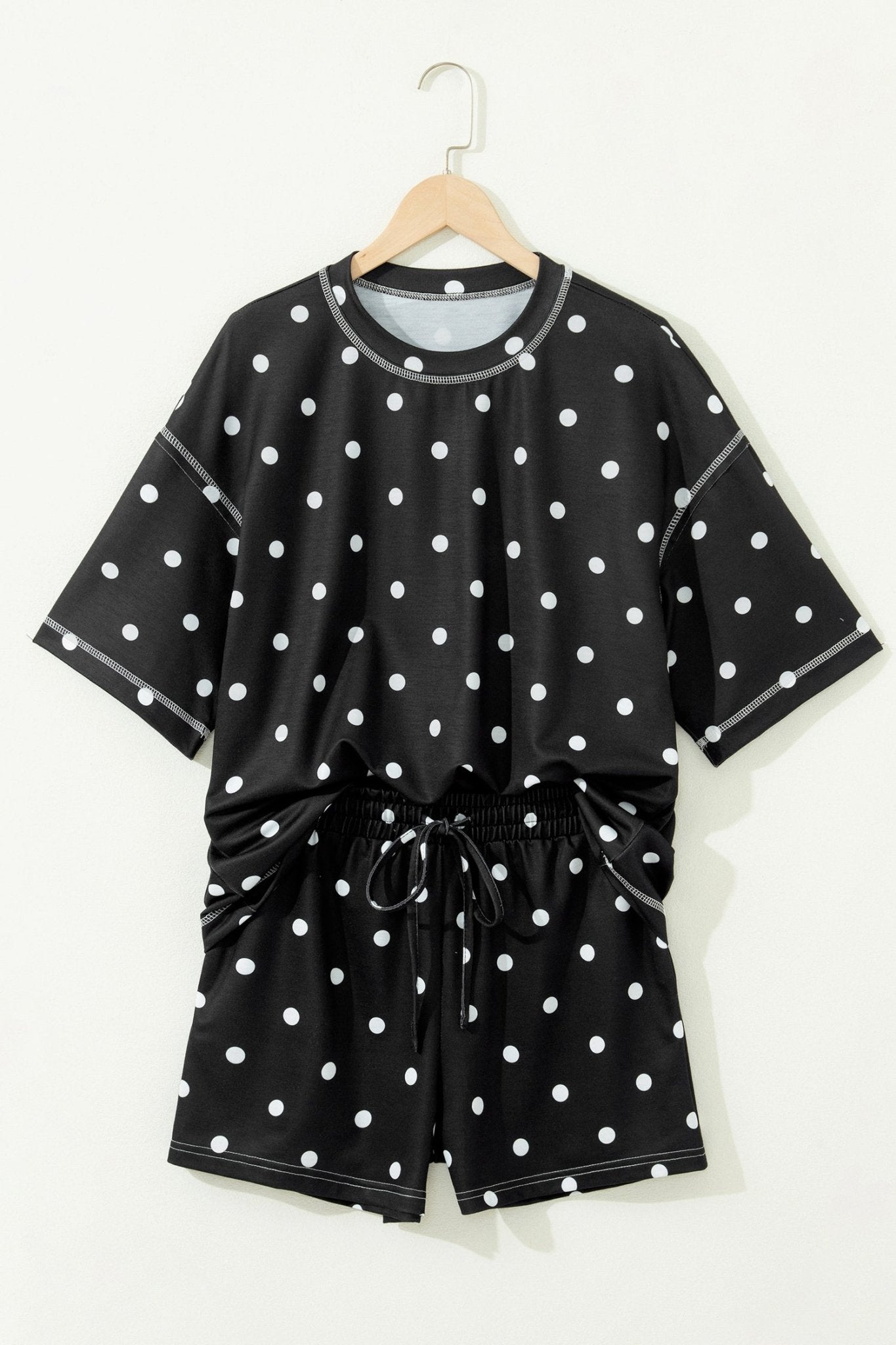 Black Exposed Seam Detail Polka Dot Loose Tee Drawstring Shorts Set - Loving It Shop