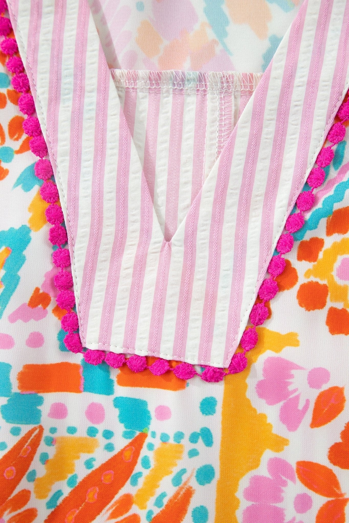 Rose Plus Size Geometric Print Contrast Trim Striped V Neck Blouse - Loving It Shop