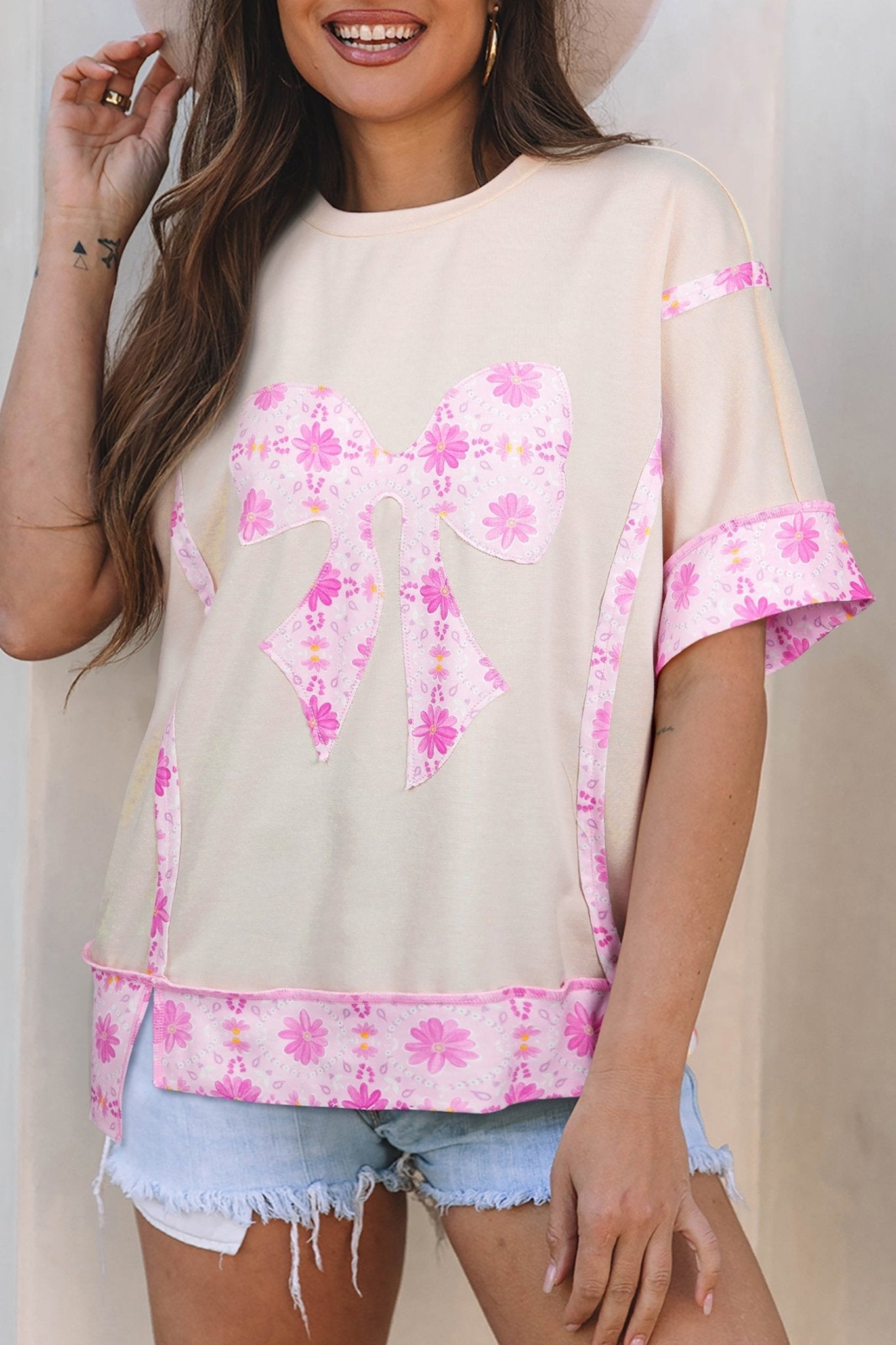 Apricot Daisy Floral Bow Contrast Patchwork Loose T Shirt - Loving It Shop