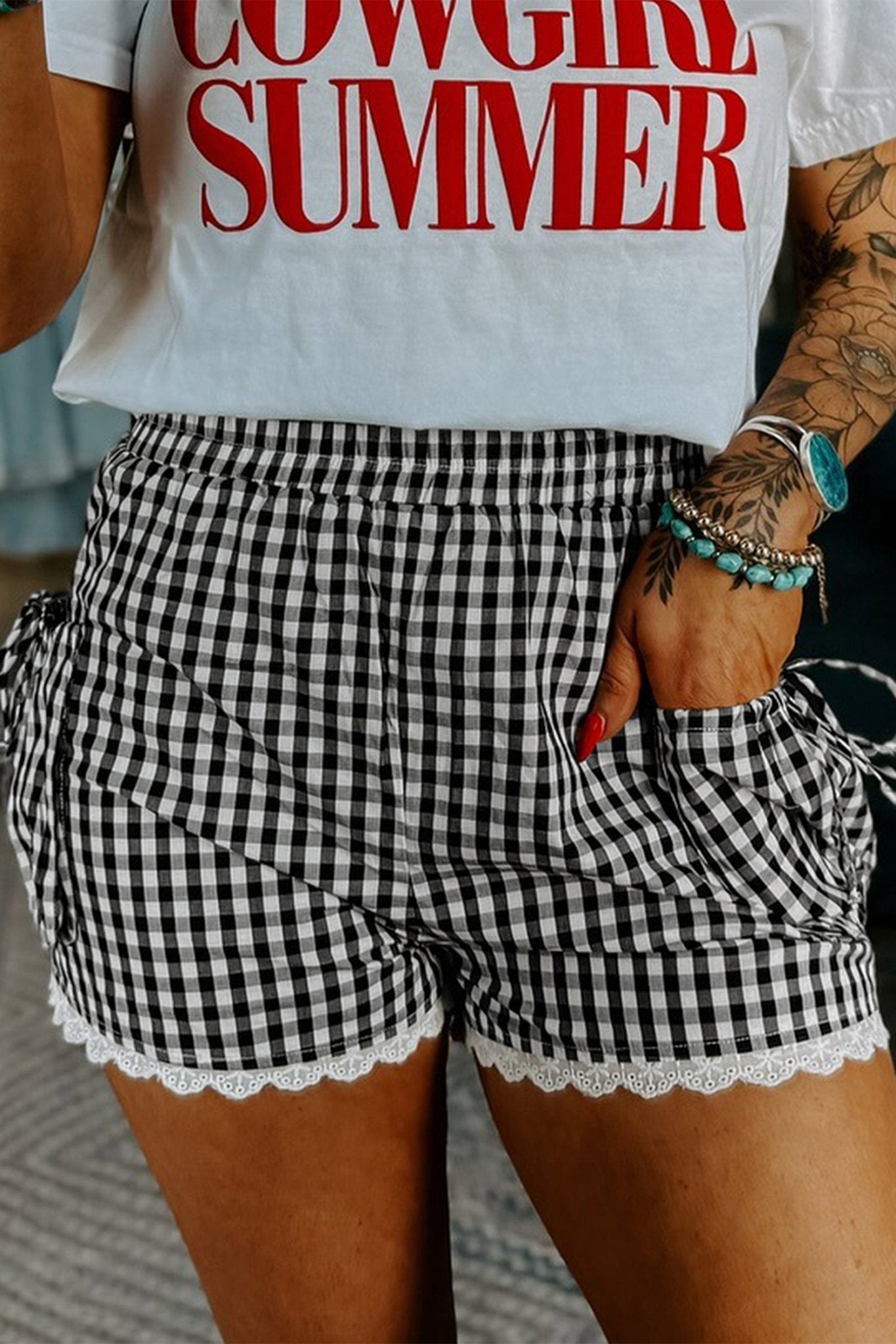 Black Gingham Lace Trim Shorts with Pouch Pockets - Loving It Shop