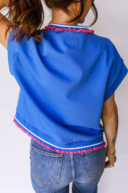 Sky Blue Contrast Frilled Trim Button Collared Short Sleeve Knit Top