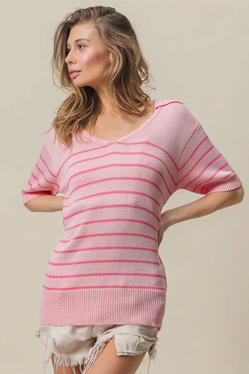 Stripe Short Sleeves Collared V Neck Top