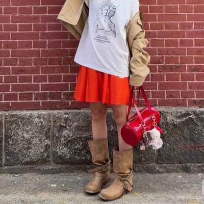 Chunky-heeled Vintage Distressed Mid-calf Boots Womens
