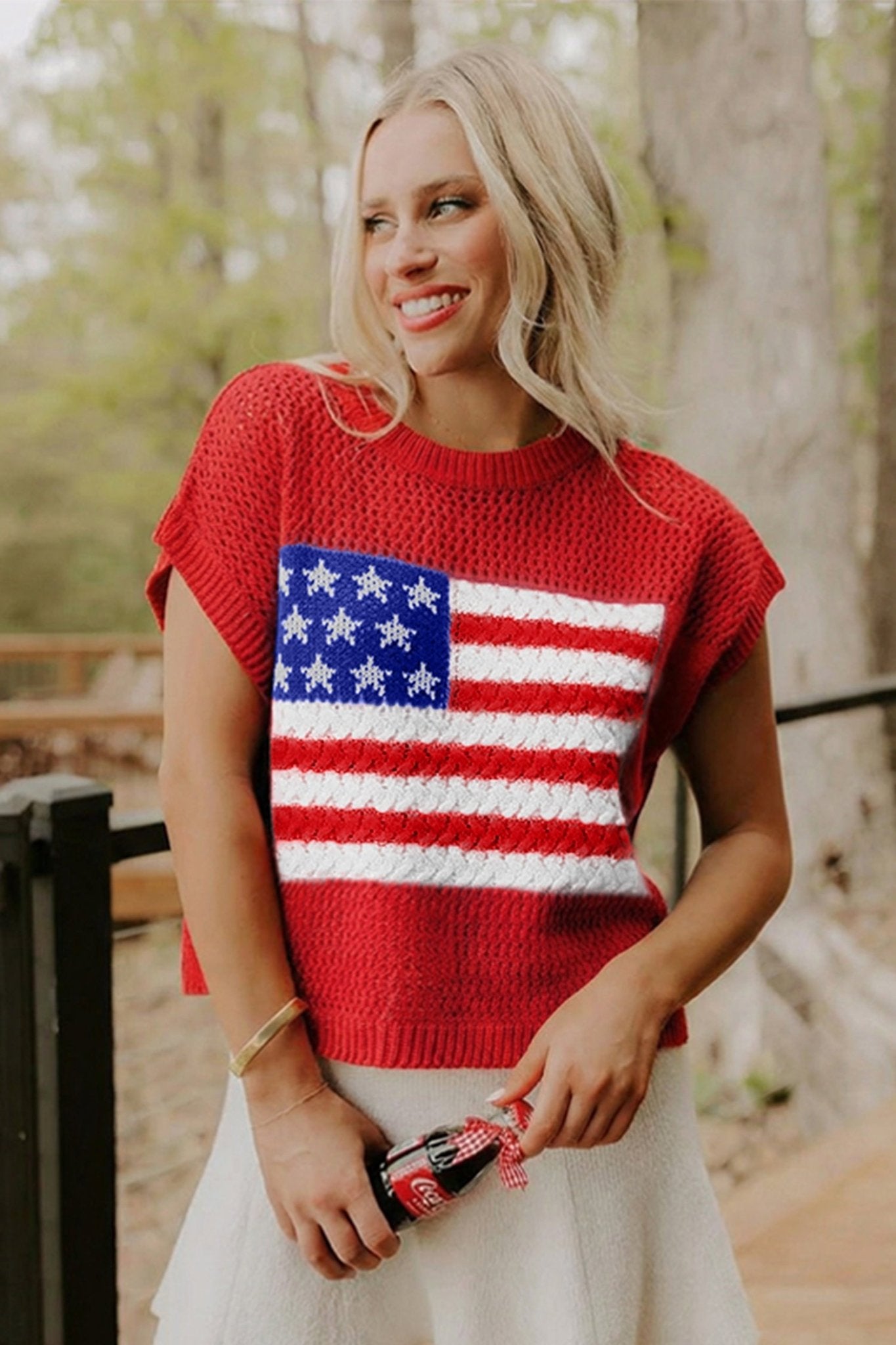 Fiery Red Flag Graphic Short Sleeve Sweater Top - Loving It Shop