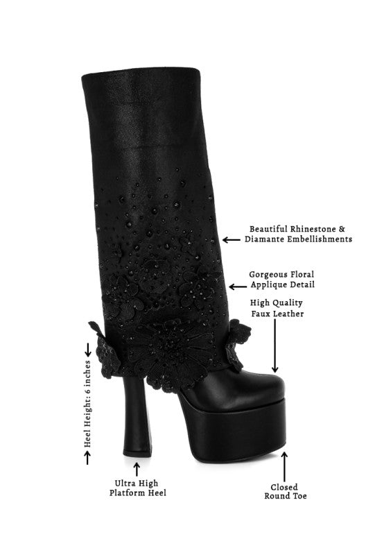 Sundra Floral Applique Platform Heeled Boots