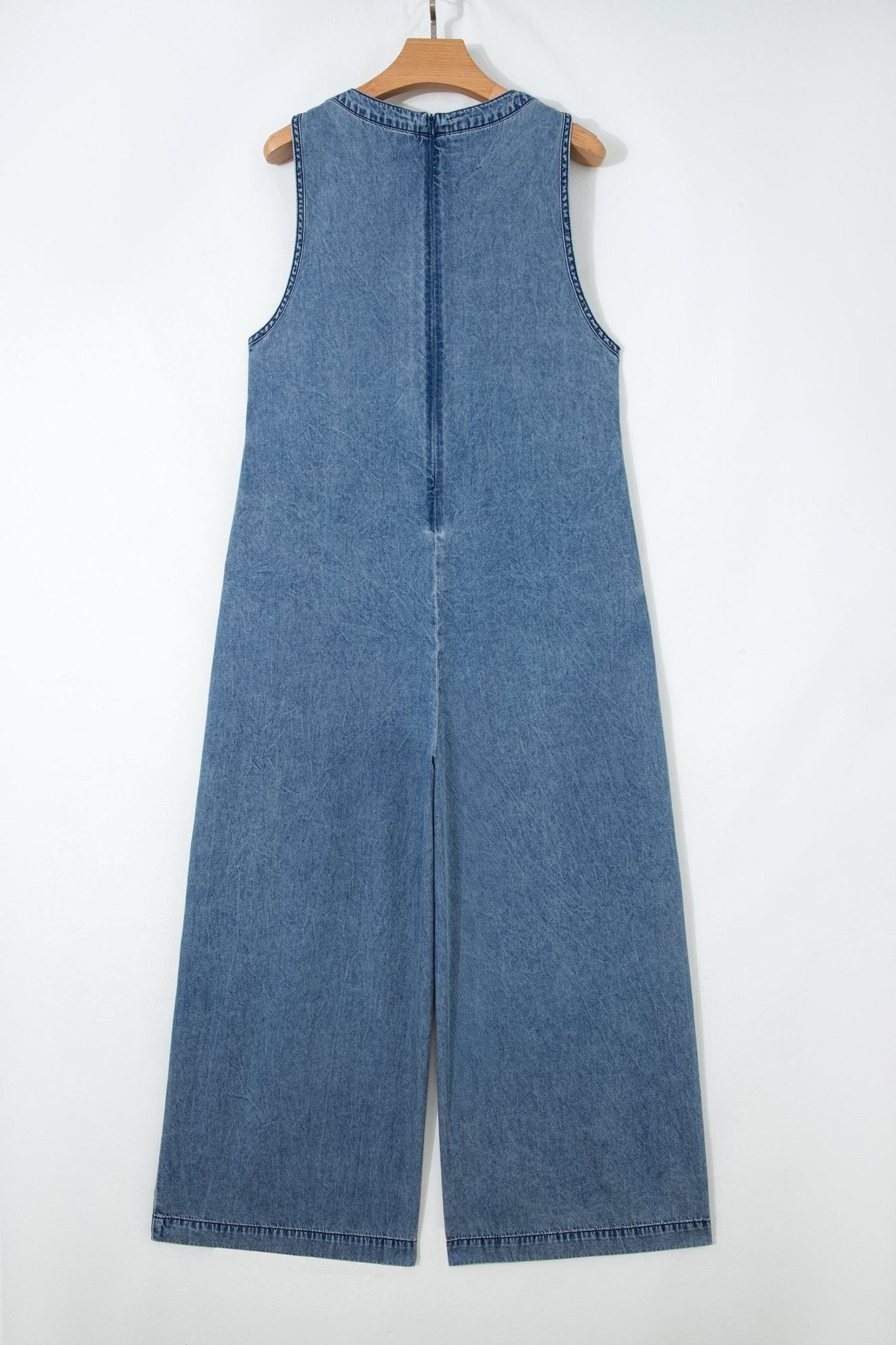 Dusk Blue Acid Wash Pintuck Tie V Neck Denim Wide Leg Jumpsuit - Loving It Shop