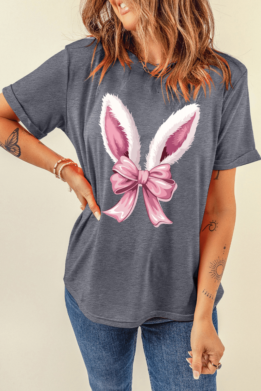 Gray Bunny Ear Bow Printed Easter Fashion T Shirt - Loving It Shop