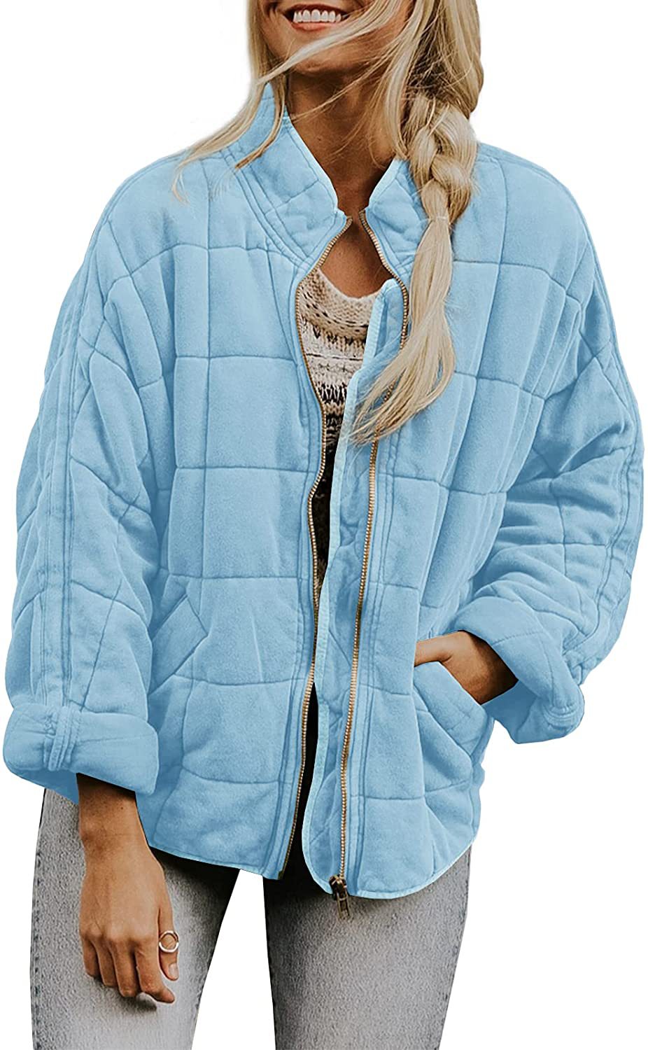 Winter Zip-up Stand Collar Coat With Pockets Fashion Solid Color Plaid Long Sleeved Jacket Women&
