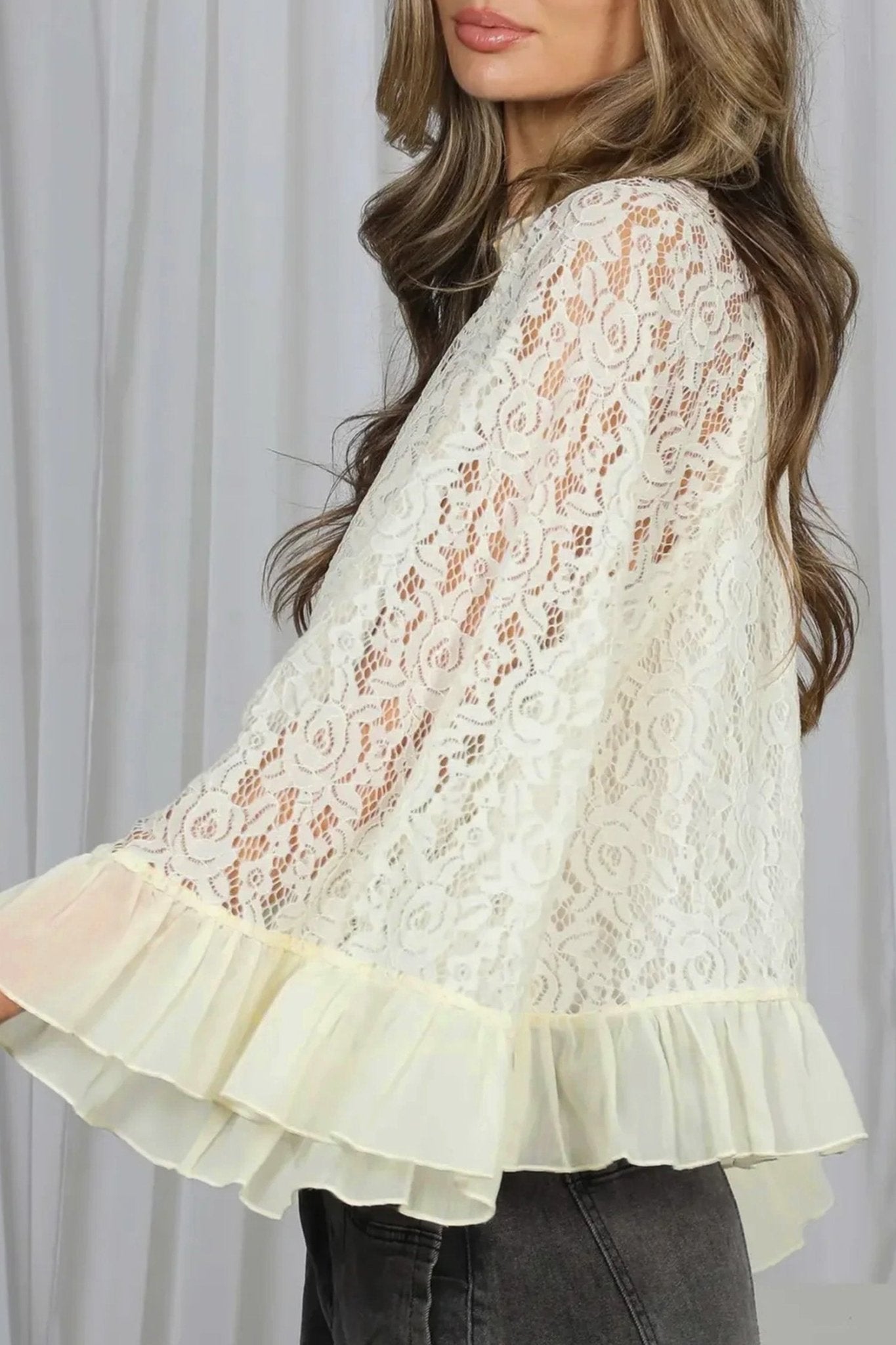 White Sheer Lace Long Sleeve Ruffle Trim Loose Blouse - Loving It Shop