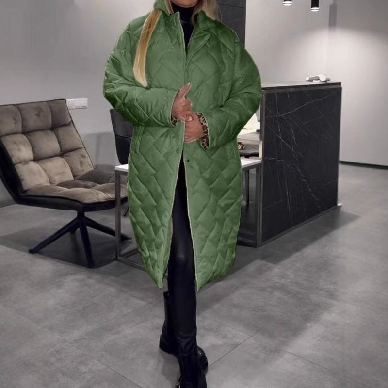 Winter Rhombus Stitching Coat Warm Solid Color Pocket Lapel Long Jacket Women&