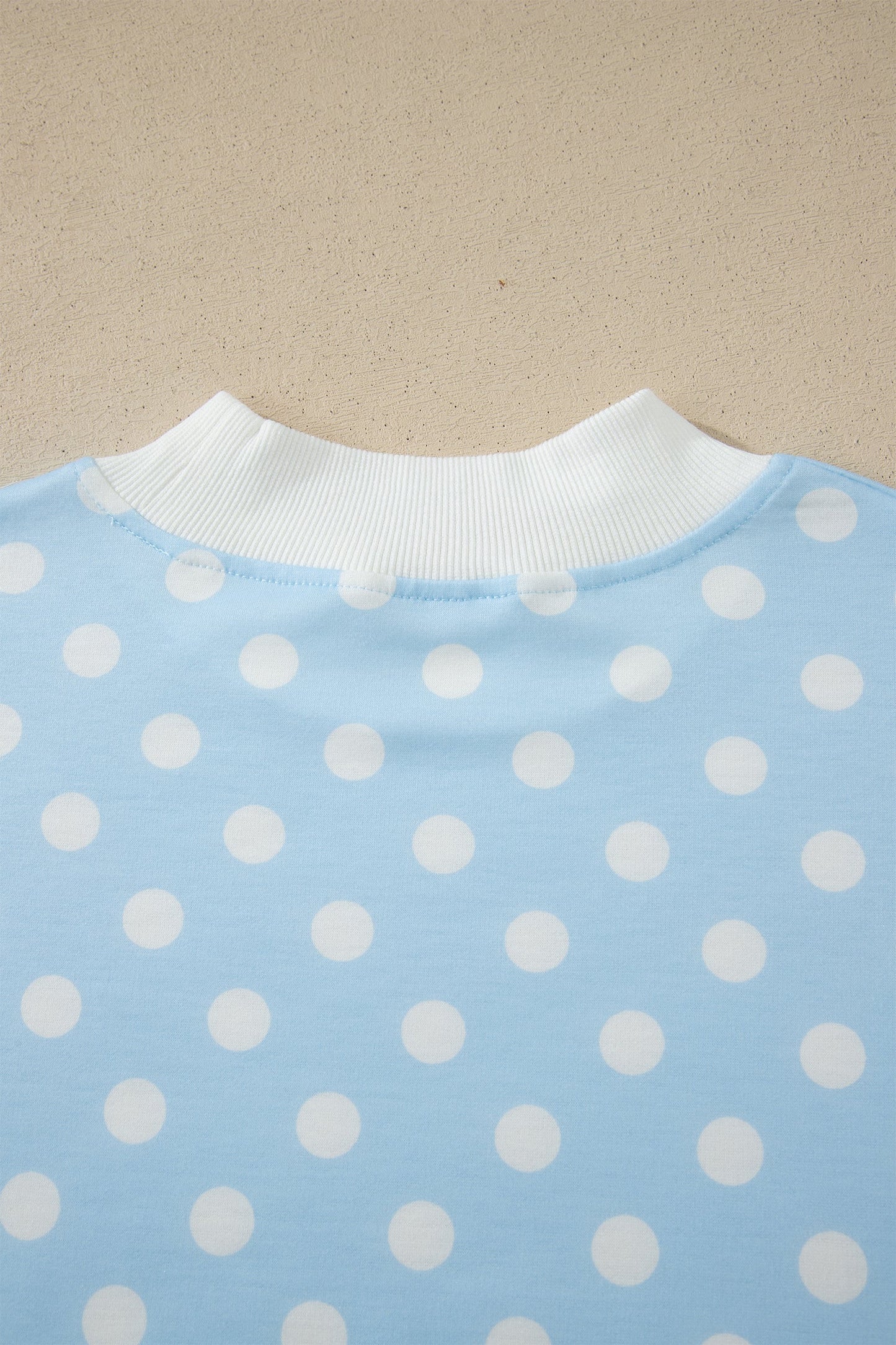 Sky Blue Polka Dot Print Color Block Trim Mock Neck Short Set