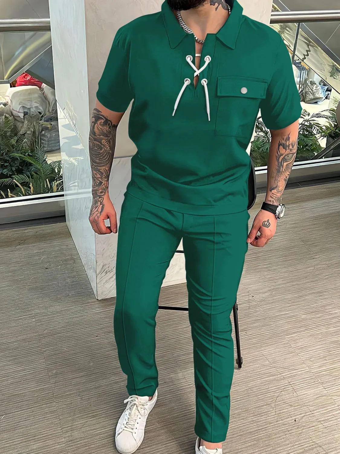 Men's Full Size Lace Up Short Sleeve Top and Pants Plus Size