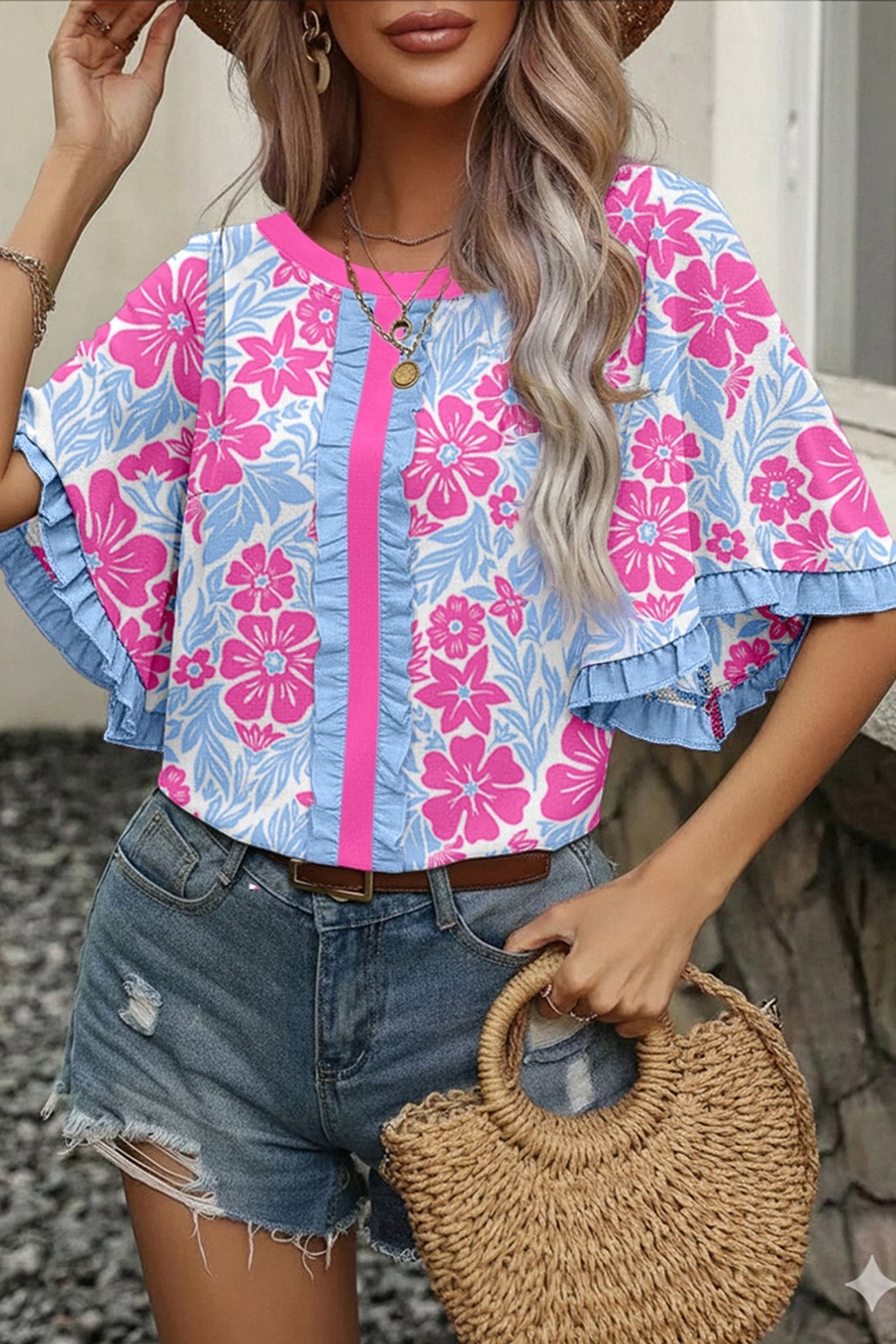Rose Floral Print Ruffled Color Block Trim Half Sleeve Blouse - Loving It Shop