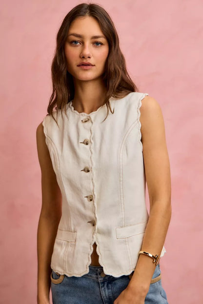 Scalloped Edge Cotton Twill Washed Vest Top