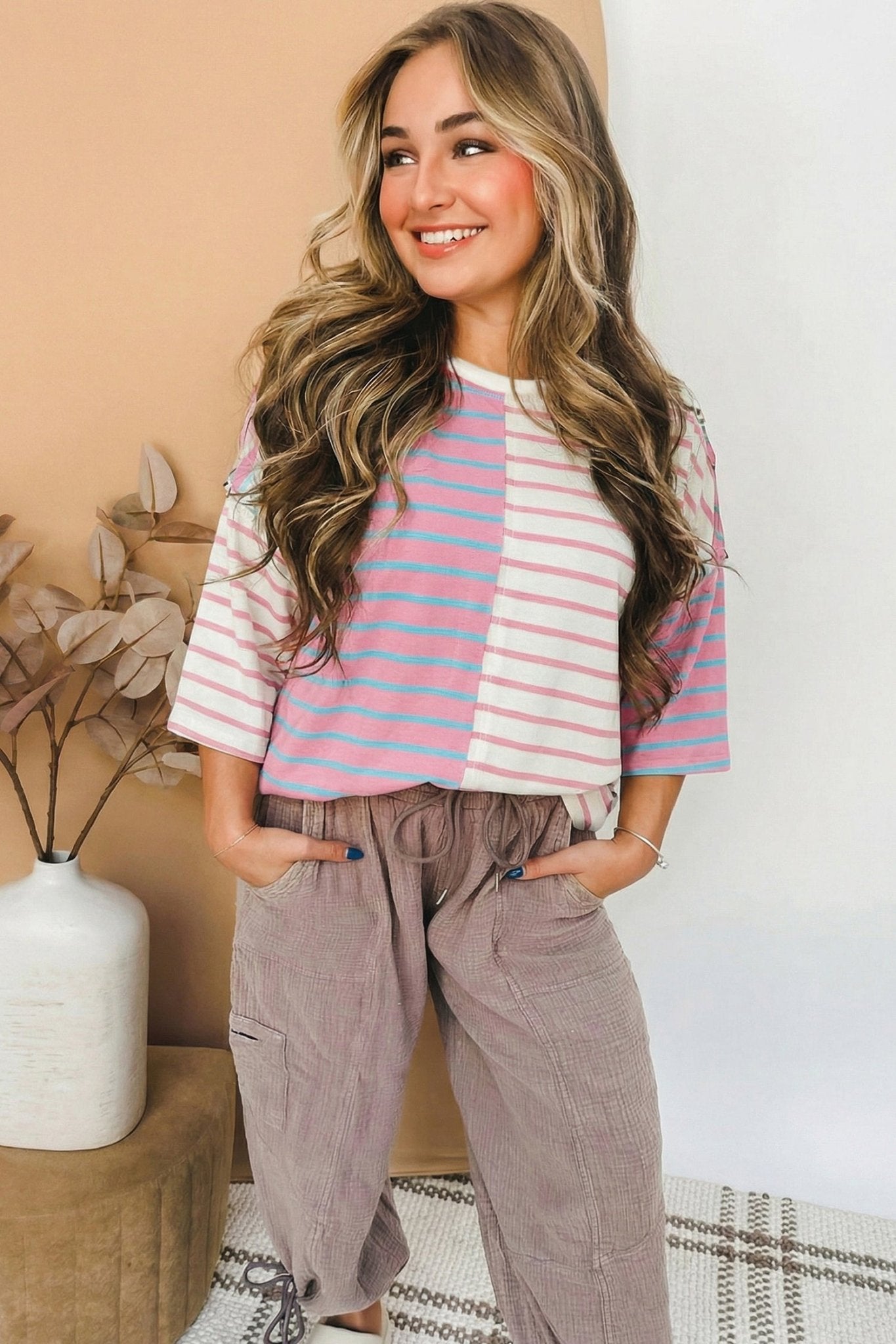 Pink Stripe Colorblock 3/4 Sleeve Loose T Shirt - Loving It Shop