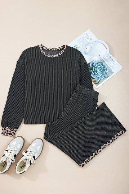 Carbon Grey Twisted Rib Texture Leopard Patchwork Detail 2pcs Pant Set