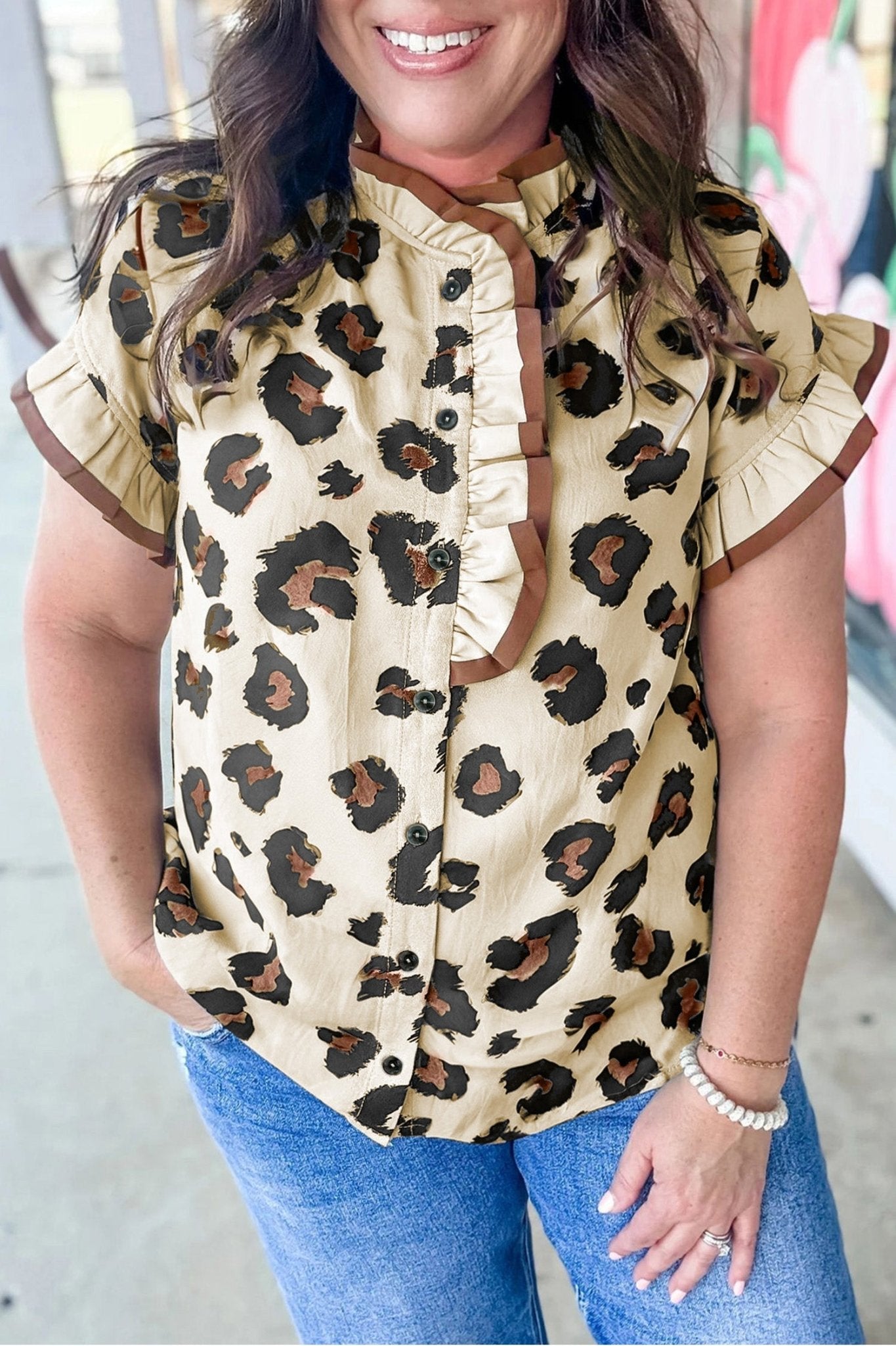 Khaki Plus Size Leopard Print Frilled Color Block Trim Button Down Short Sleeve Blouse - Loving It Shop