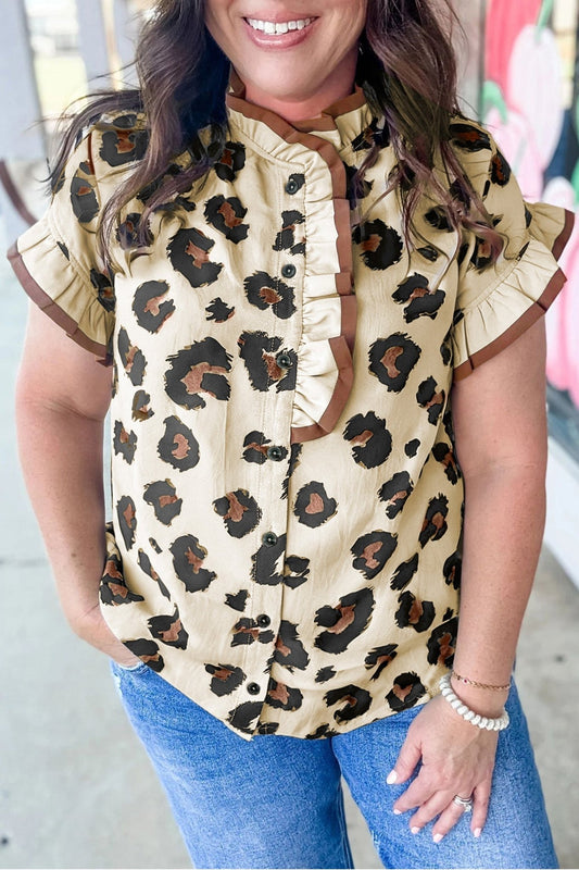 Khaki Plus Size Leopard Print Frilled Color Block Trim Button Down Short Sleeve Blouse - Loving It Shop