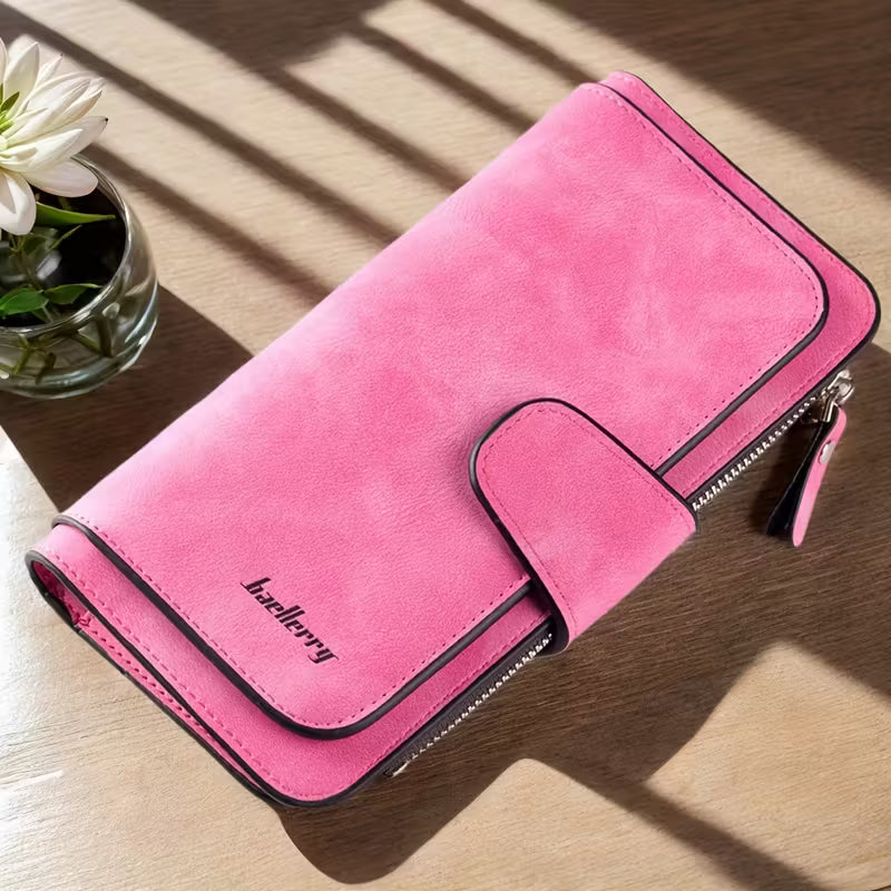Vintage Faux Leather Long Wallet – Trifold Credit Card Holder with Snap &amp; Zipper