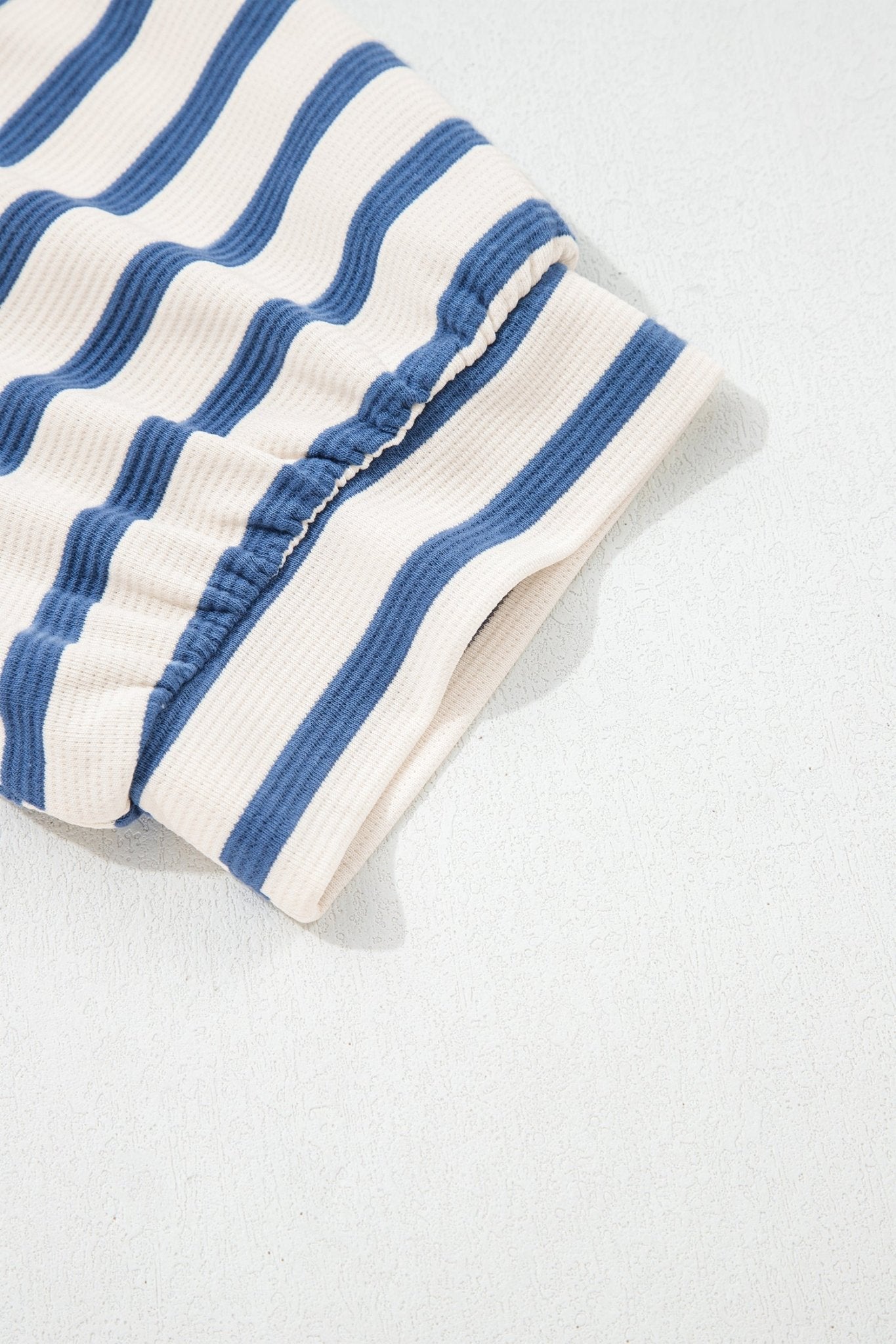 Blue Stripe Short Puff Sleeve Color Block Polo Collar Blouse - Loving It Shop
