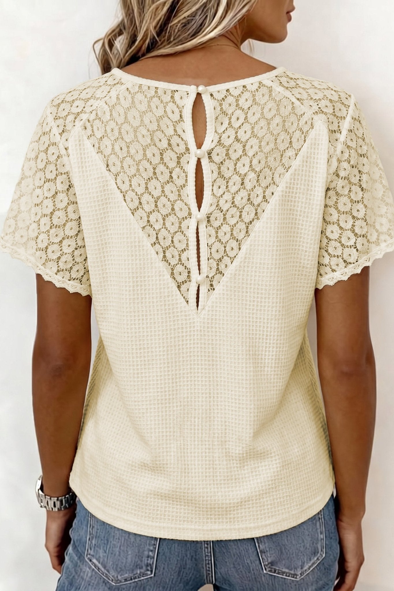 Beige Lace Splicing Button Cutout V Neck Waffle Knit Blouse - Loving It Shop
