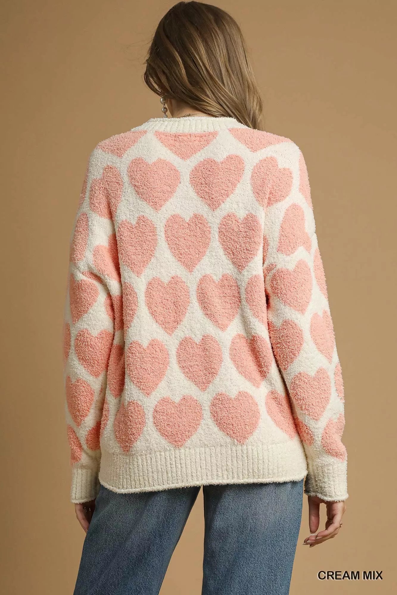 Mix Heart Pattern Pearl Accent Sweater