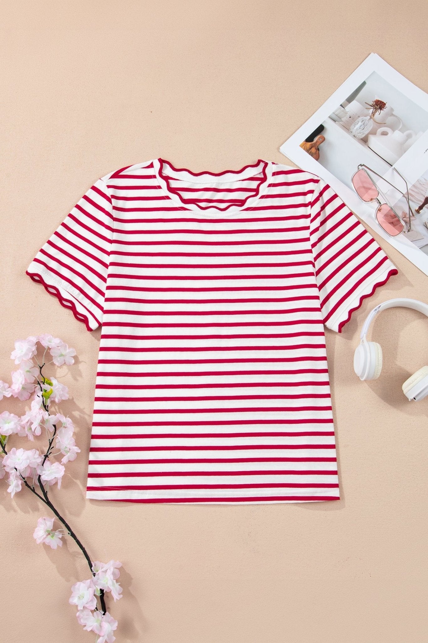 Red Stripe Scalloped Trim Round Neck T Shirt - Loving It Shop