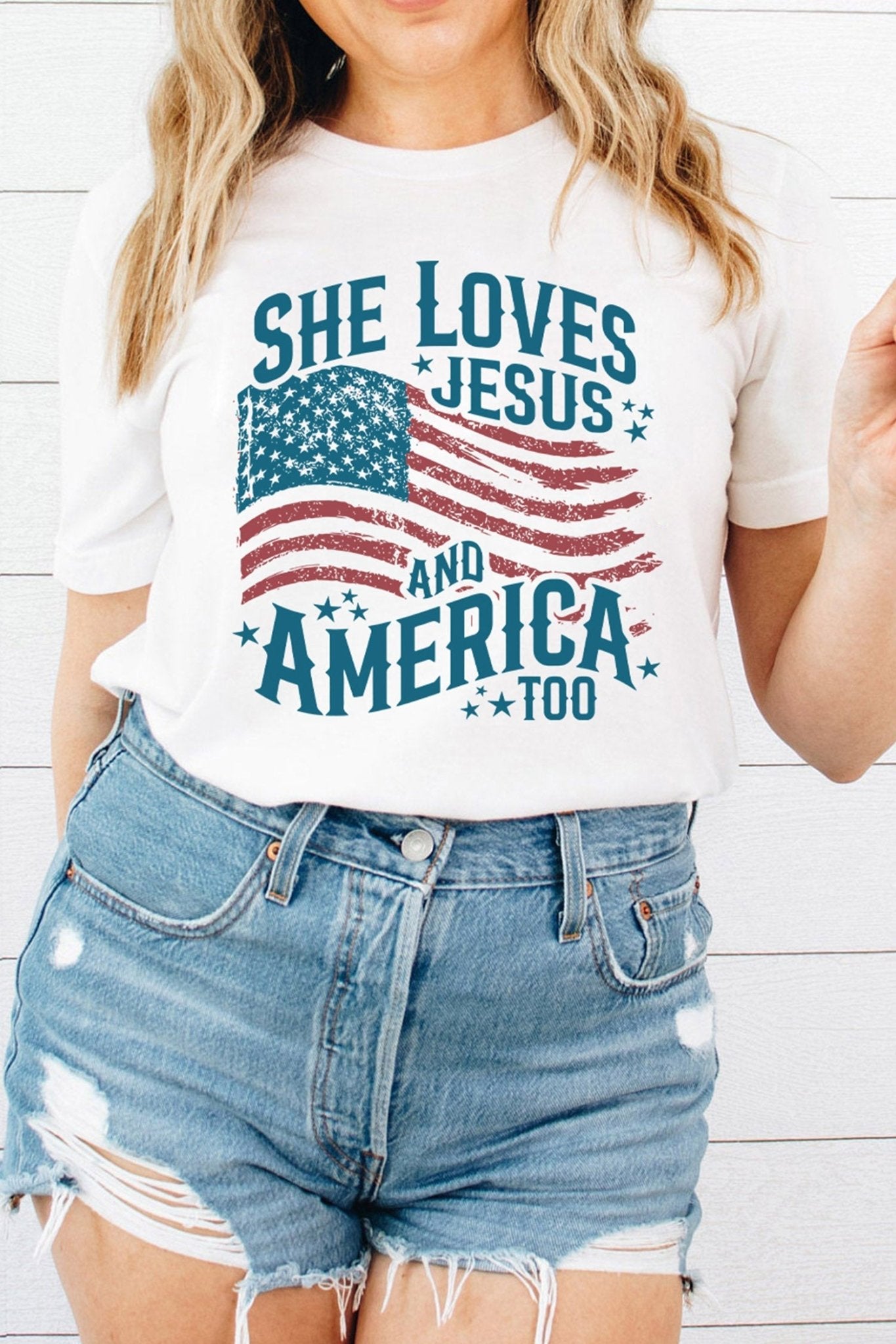 White She Loves Jesus and America Flag Graphic Tee - Loving It Shop