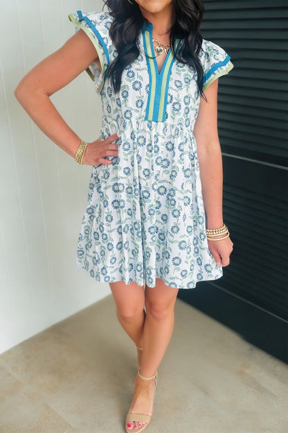 Sky Blue Floral Print Contrast Trim Flutter Sleeve Mini Dress - Loving It Shop