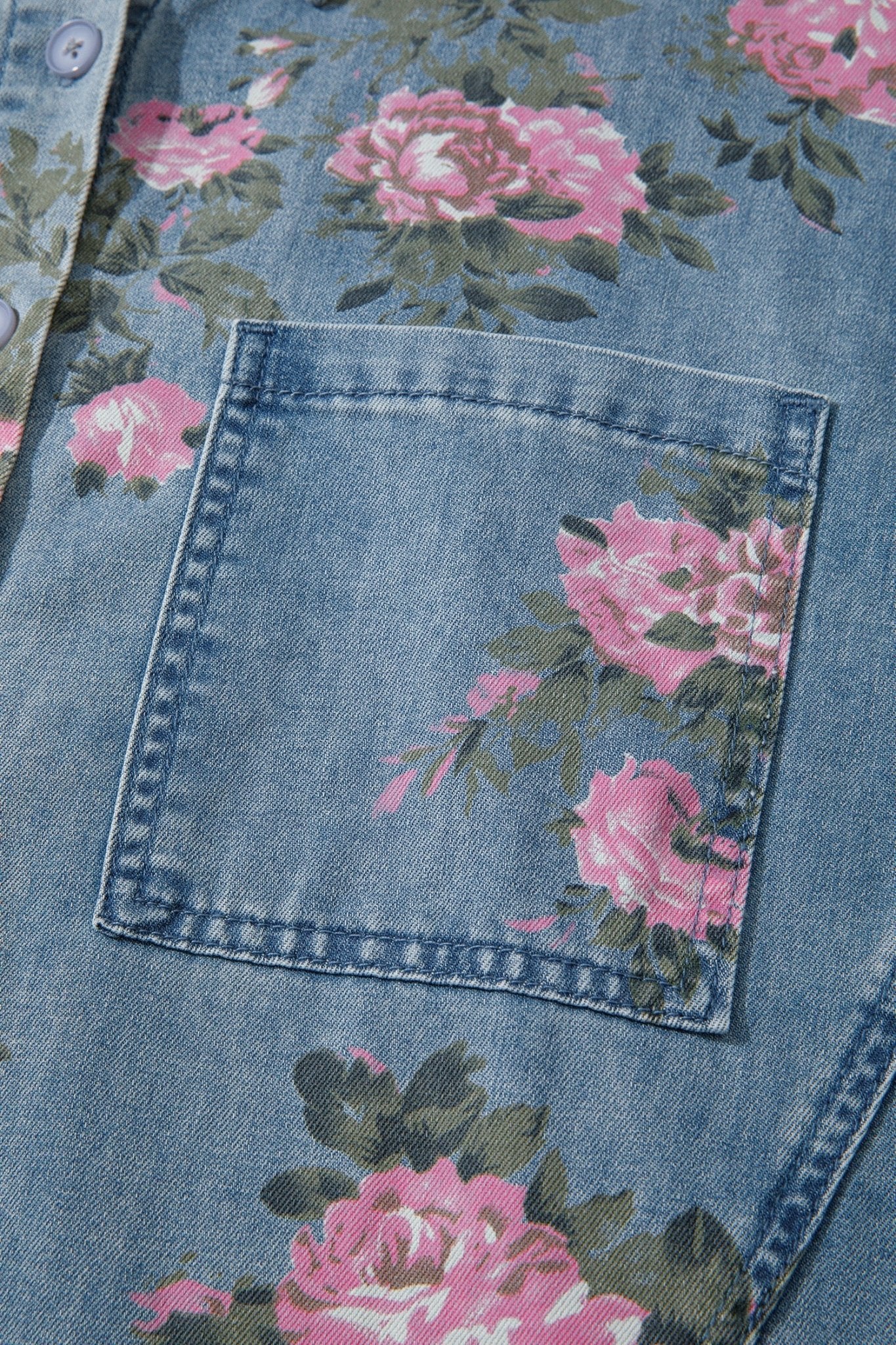 Blue Bracelet Sleeve Floral Denim Shirt - Loving It Shop