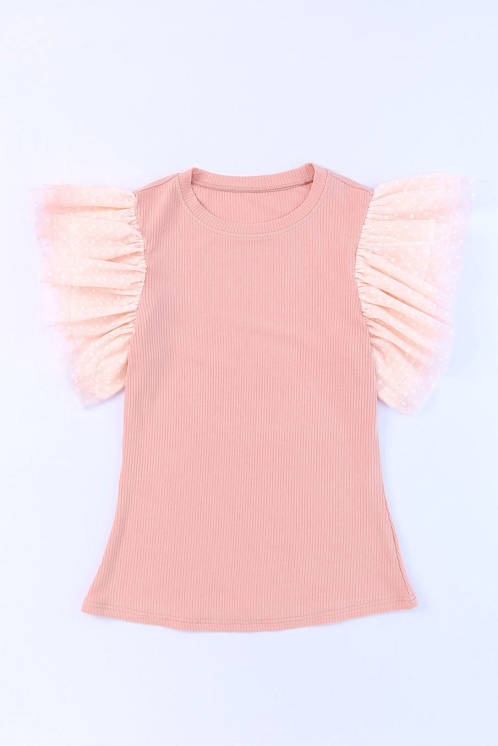 Pink Dotty Mesh Ruffle Sleeve Ribbed Knit Top - Loving It Shop