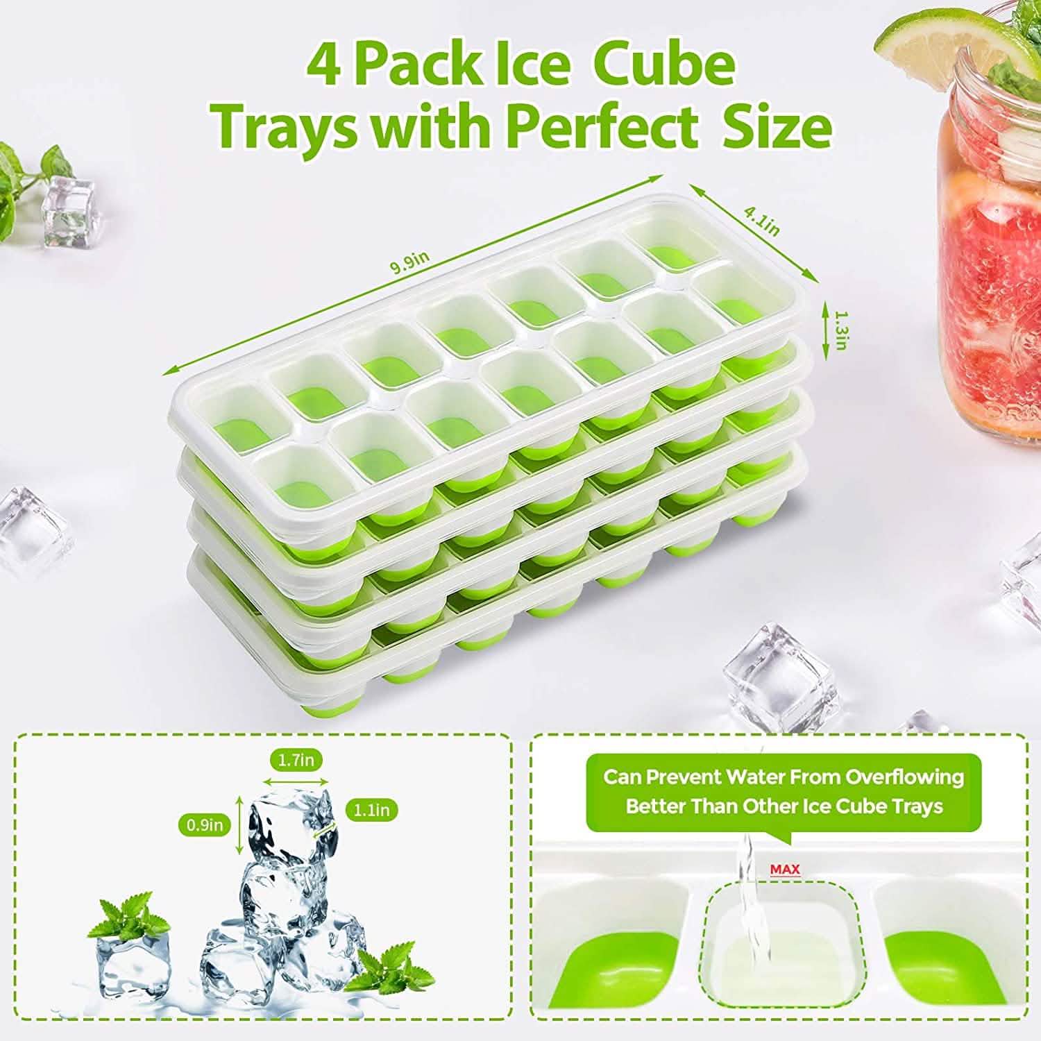4-Pack: Easy-Release Silicone &amp; Flexible 14-Ice Cube Trays with Spill-Resistant Removable Lid