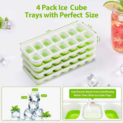 4-Pack: Easy-Release Silicone &amp; Flexible 14-Ice Cube Trays with Spill-Resistant Removable Lid