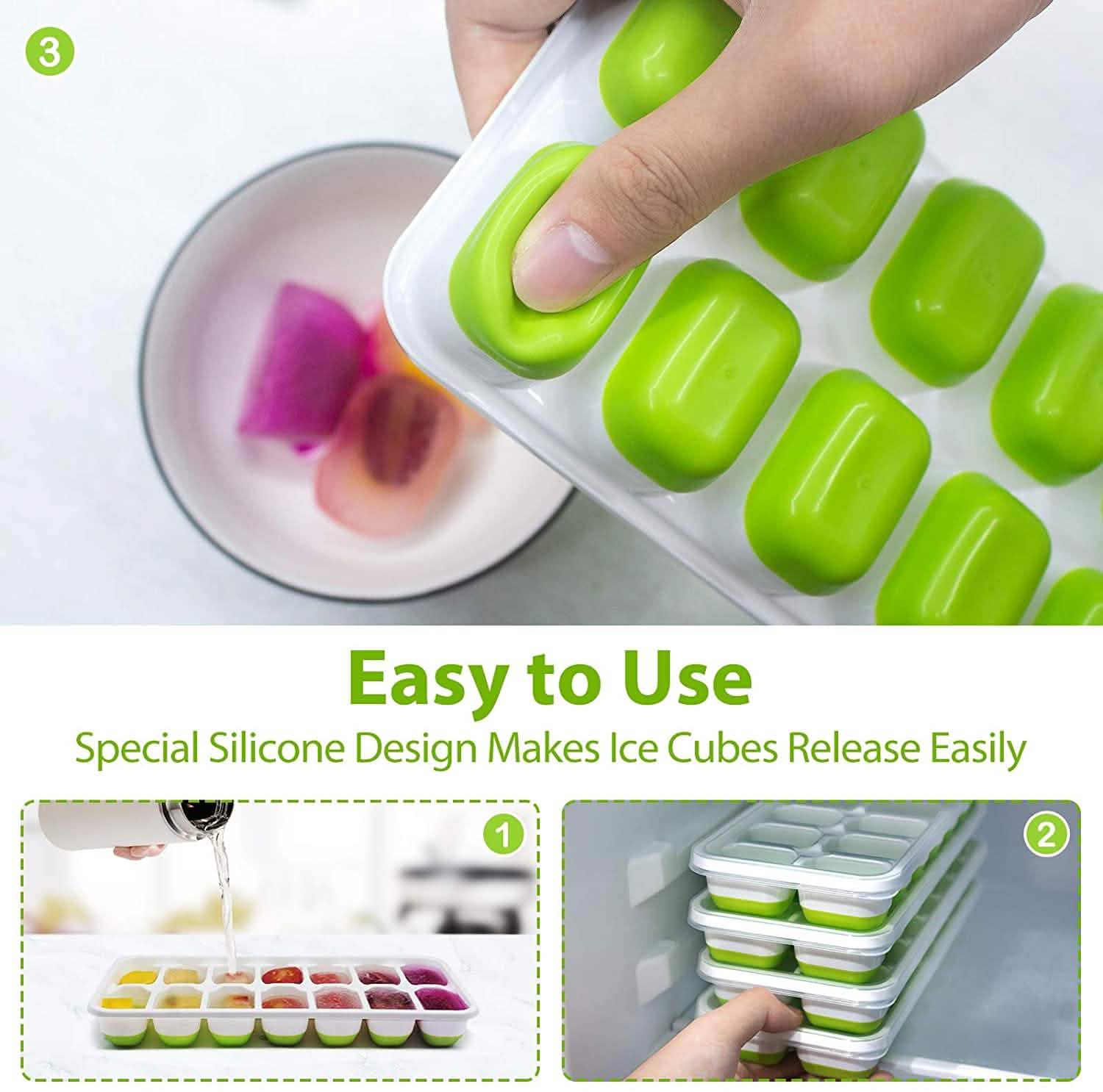 4-Pack: Easy-Release Silicone &amp; Flexible 14-Ice Cube Trays with Spill-Resistant Removable Lid