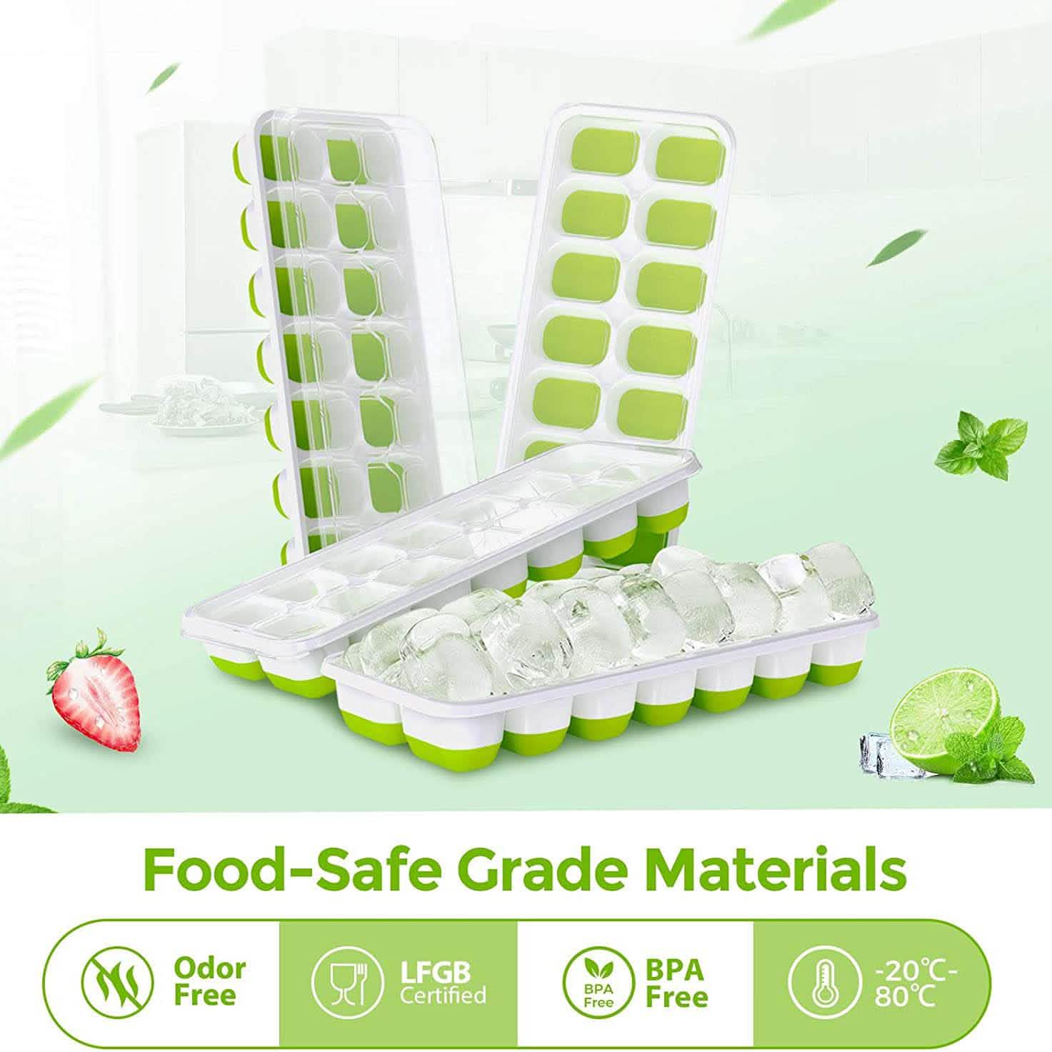 4-Pack: Easy-Release Silicone &amp; Flexible 14-Ice Cube Trays with Spill-Resistant Removable Lid