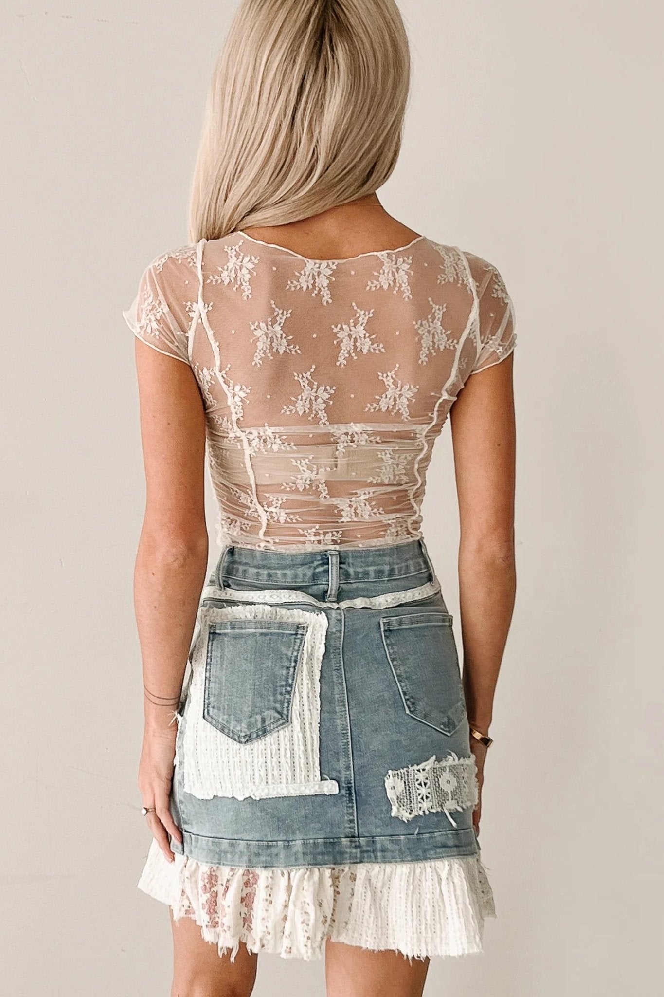 White Exposed Seam Ruched Sheer Floral Mesh Top - Loving It Shop