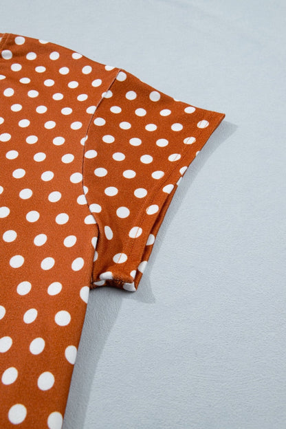 Brown Polka Dot Print Dropped Shoulder Tee Plus Size Short Set - Loving It Shop